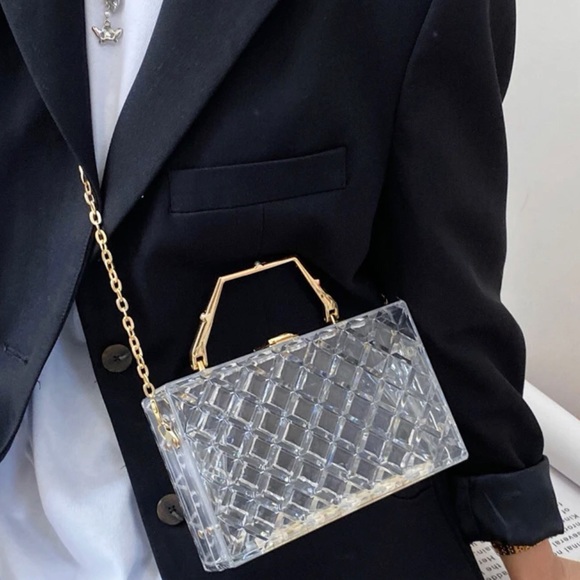 Clear Acrylic Box Clutch With Gold Metal Handle - Picture 5 of 5